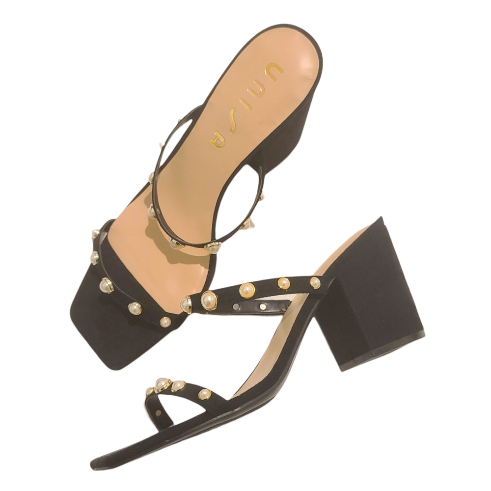UNISA Slip-on Open Toe Mule Block Heels Pearl Embellishment Faux Suede S…